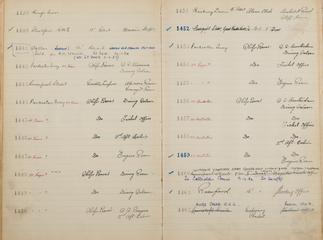 Pages 121 and 122 of London & North Eastern Railway and successors clock record ledger no. 1 covering clock nos. 1439 to 1462