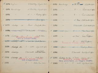 Pages 199 and 200 of London & North Eastern Railway and successors clock record ledger no. 1 covering clock nos. 2370 to 2393