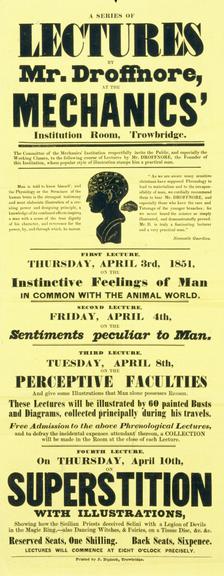 Poster advertising lectures on phrenology, Trowbridge, Wiltshire, England, 1851