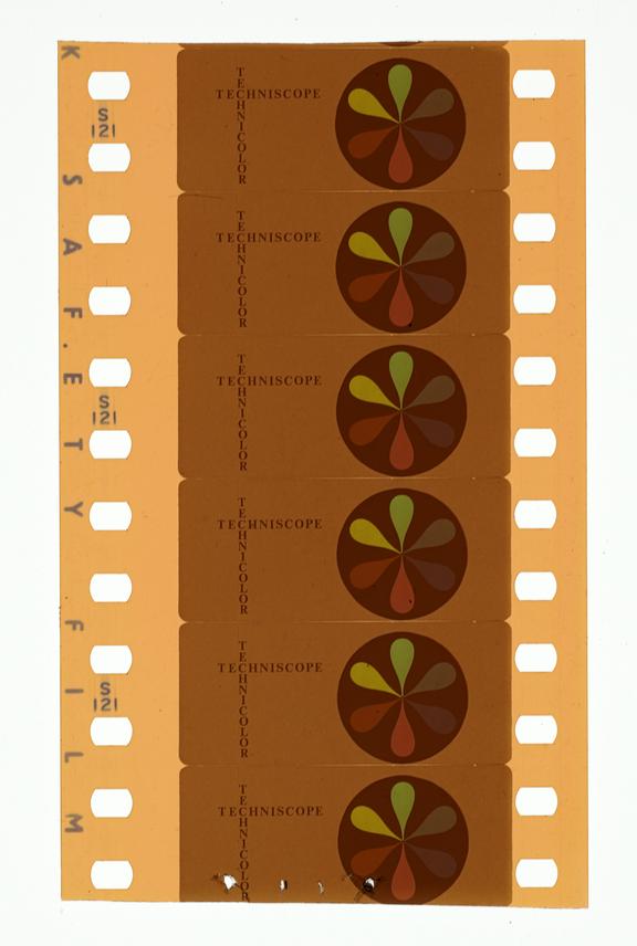 Six frames of 35mm Techniscope negative: Orange film: Logo footage. Colour wheel