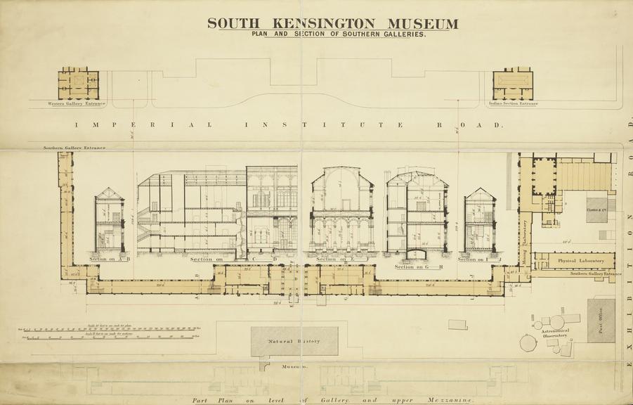 Drawing entitled 'South Kensington Museum, Plan and Section of Southern Galleries'