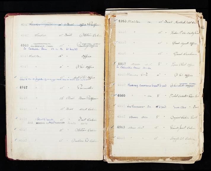 Pages 11 and 12 of London & North Eastern Railway clock record ledger no. 2 covering clock nos. 4917 to 4940, c 1923 - c 1948