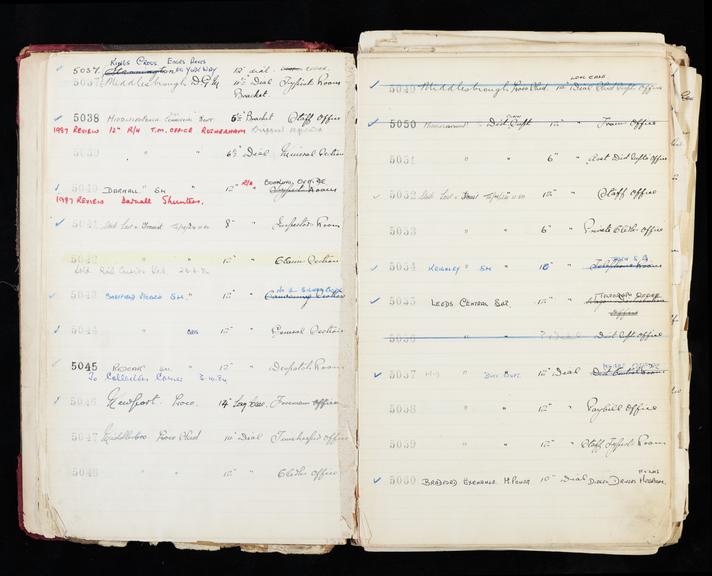 Pages 19 and 20 of London & North Eastern Railway clock record ledger no. 2 covering clock nos. 5037 to 5060, c 1923 - c 1948