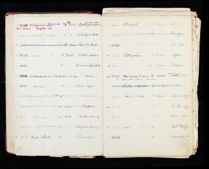 Pages 23 and 24 of London & North Eastern Railway clock record ledger no. 2 covering clock nos. 5085 to 5108, c 1923 - c 1948