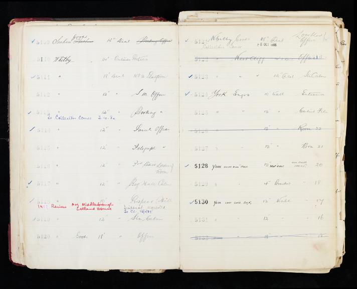 Pages 25 and 26 of London & North Eastern Railway clock record ledger no. 2 covering clock nos. 5109 to 5132, c 1923 - c 1948