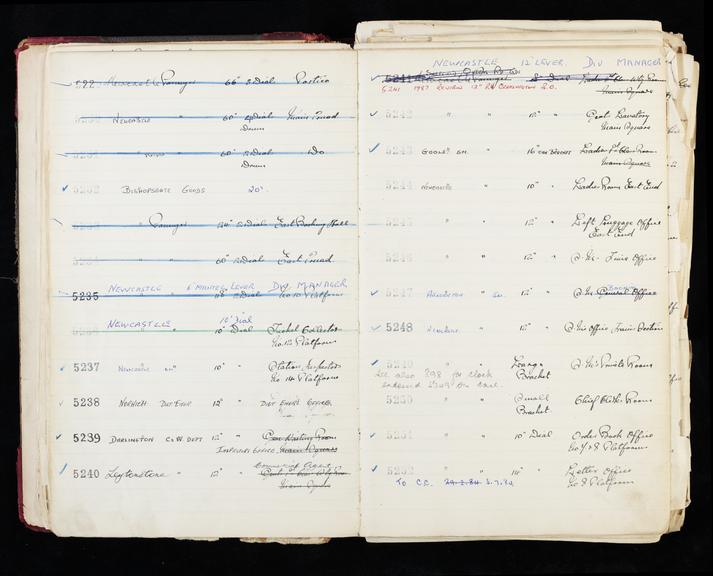 Pages 35 and 36 of London & North Eastern Railway clock record ledger no. 2 covering clock nos. 5229 to 5252, c 1923 - c 1948