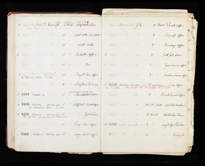 Pages 39 and 40 of London & North Eastern Railway clock record ledger no. 2 covering clock nos. 5277 to 5300, c 1923 - c 1948