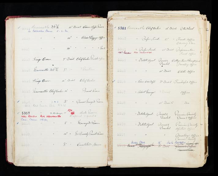 Pages 45 and 46 of London & North Eastern Railway clock record ledger no. 2 covering clock nos. 5349 to 5372, c 1923 - c 1948