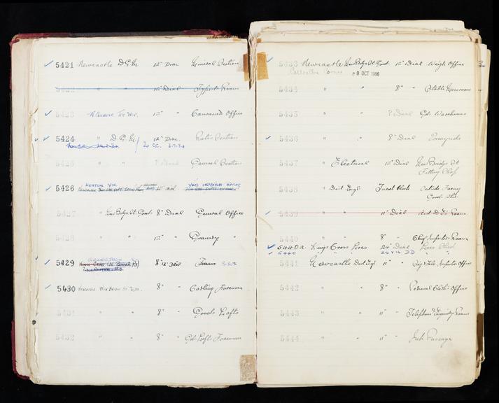 Pages 51 and 52 of London & North Eastern Railway clock record ledger no. 2 covering clock nos. 5421 to 5444, c 1923 - c 1948