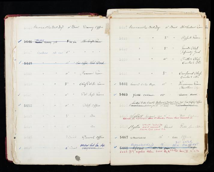 Pages 53 and 54 of London & North Eastern Railway clock record ledger no. 2 covering clock nos. 5421 to 5444, c 1923 - c 1948