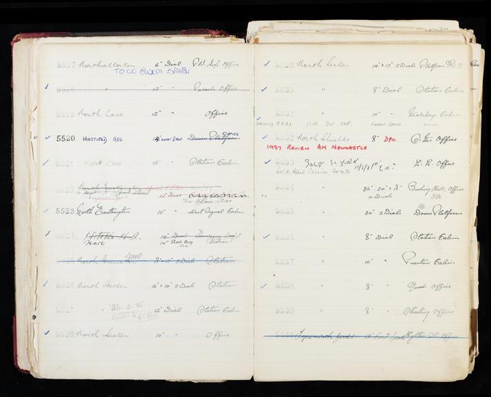 Pages 59 and 60 of London & North Eastern Railway clock record ledger no. 2 covering clock nos. 5517 to 5540, c 1923 - c 1948