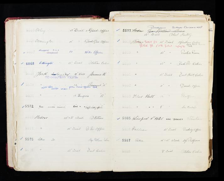 Pages 63 and 64 of London & North Eastern Railway clock record ledger no. 2 covering clock nos. 5565 to 5588, c 1923 - c 1948