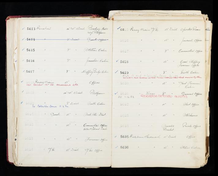 Pages 67 and 68 of London & North Eastern Railway clock record ledger no. 2 covering clock nos. 5613 to 5636, c 1923 - c 1948