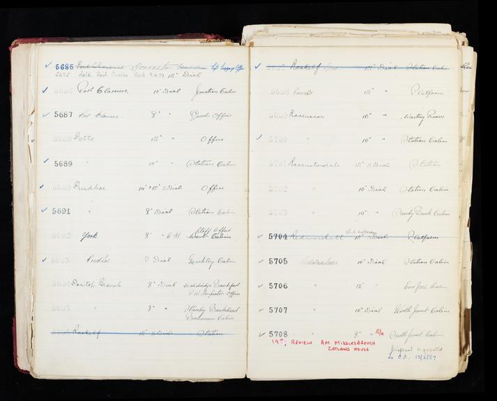 Pages 73 and 74 of London & North Eastern Railway clock record ledger no. 2 covering clock nos. 5685 to 5708, c 1923 - c 1948