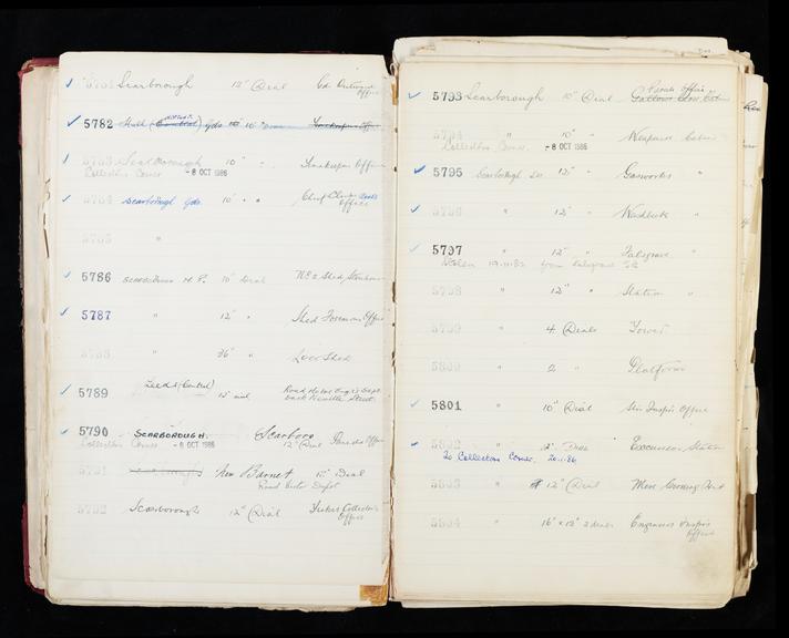 Pages 81 and 82 of London & North Eastern Railway clock record ledger no. 2 covering clock nos. 5781 to 5804, c 1923 - c 1948