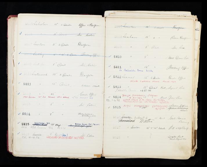 Pages 83 and 84 of London & North Eastern Railway clock record ledger no. 2 covering clock nos. 5805 to 5828, c 1923 - c 1948