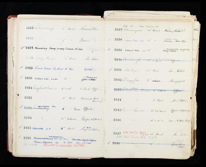 Pages 93 and 94 of London & North Eastern Railway clock record ledger no. 2 covering clock nos. 5925 to 5948, c 1923 - c 1948