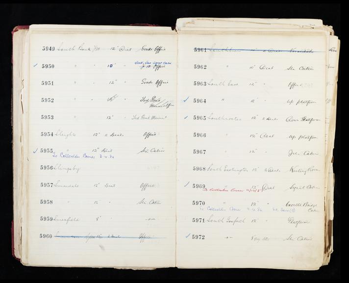 Pages 95 and 96 of London & North Eastern Railway clock record ledger no. 2 covering clock nos. 5949 to 5972, c 1923 - c 1948