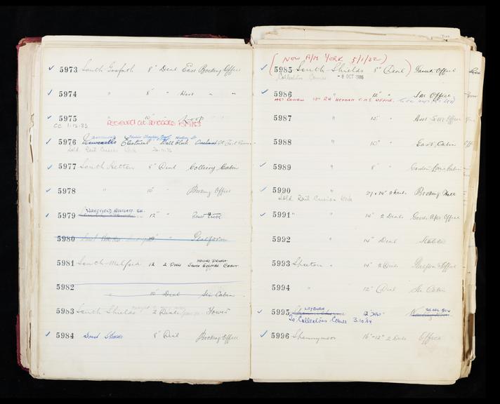 Pages 97 and 98 of London & North Eastern Railway clock record ledger no. 2 covering clock nos. 5973 to 5996, c 1923 - c 1948