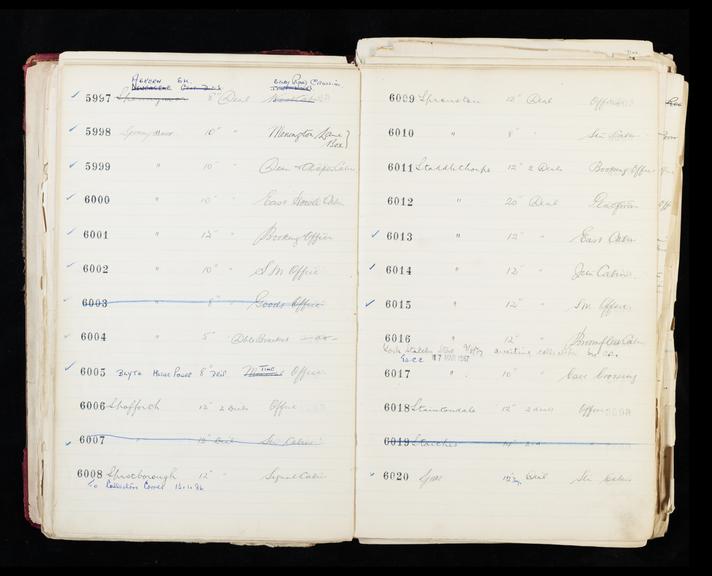 Pages 99 and 100 of London & North Eastern Railway clock record ledger no. 2 covering clock nos. 5997 to 6020, c 1923 - c 1948