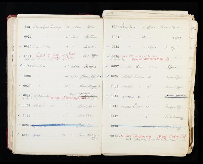 Pages 101 and 102 of London & North Eastern Railway clock record ledger no. 2 covering clock nos. 6021 to 6044, c 1923 - c 1948