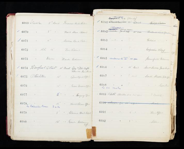 Pages 105 and 106 of London & North Eastern Railway clock record ledger no. 2 covering clock nos. 6069 to 6092, c 1923 - c 1948