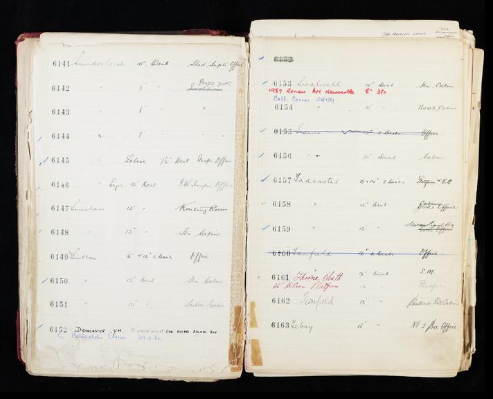 Pages 111 and 112 of London & North Eastern Railway clock record ledger no. 2 covering clock nos. 6141 to 6163, c 1923 - c 1948