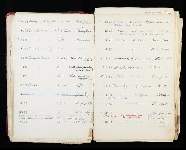 Pages 113 and 114 of London & North Eastern Railway clock record ledger no. 2 covering clock nos. 6164 to 6187, c 1923 - c 1948