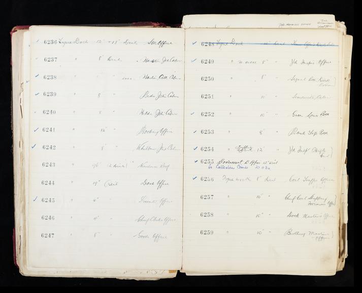 Pages 119 and 120 of London & North Eastern Railway clock record ledger no. 2 covering clock nos. 6236 to 6259, c 1923 - c 1948