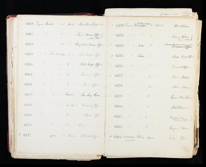 Pages 121 and 122 of London & North Eastern Railway clock record ledger no. 2 covering clock nos. 6260 to 6283, c 1923 - c 1948