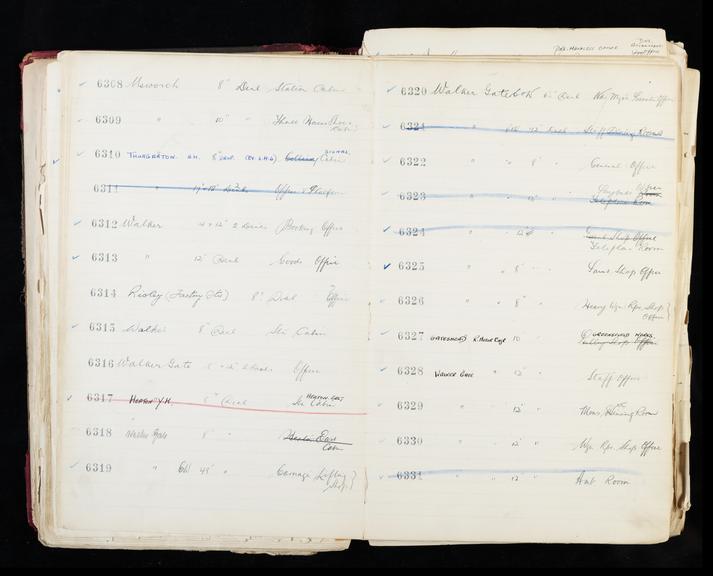 Pages 125 and 126 of London & North Eastern Railway clock record ledger no. 2 covering clock nos. 6308 to 6331, c 1923 - c 1948