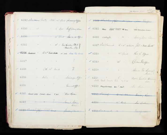 Pages 127 and 128 of London & North Eastern Railway clock record ledger no. 2 covering clock nos. 6332 to 6355, c 1923 - c 1948