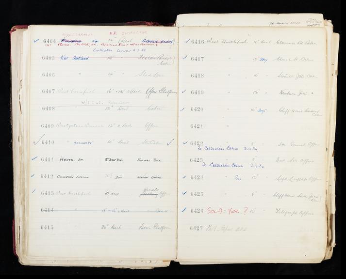 Pages 133 and 134 of London & North Eastern Railway clock record ledger no. 2 covering clock nos. 6404 to 6427, c 1923 - c 1948