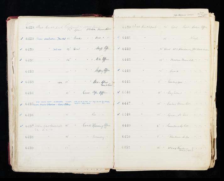 Pages 135 and 136 of London & North Eastern Railway clock record ledger no. 2 covering clock nos. 6428 to 6451, c 1923 - c 1948