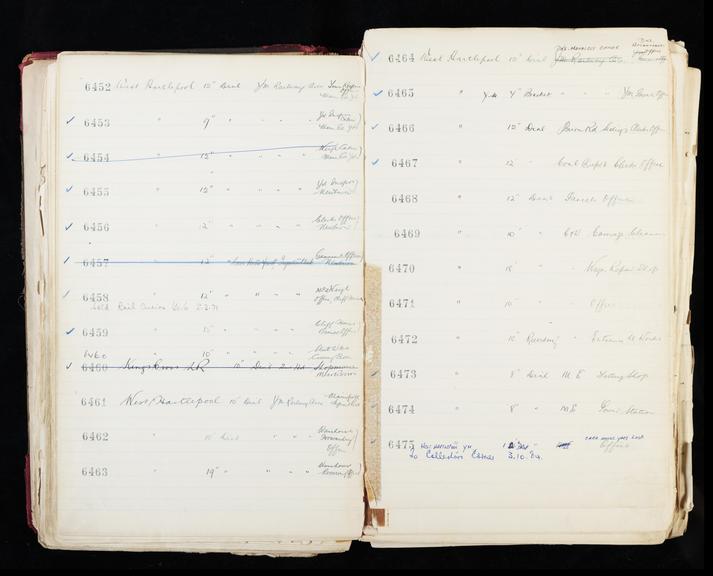 Pages 137 and 138 of London & North Eastern Railway clock record ledger no. 2 covering clock nos. 6452 to 6475, c 1923 - c 1948