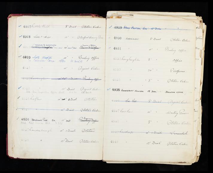 Pages 9 and 10 of London & North Eastern Railway clock record ledger no. 2 covering clock nos. 4917 to 4940, c 1923 - c 1948