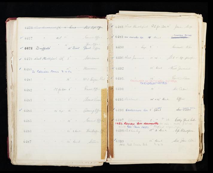 Pages 139 and 140 of London & North Eastern Railway clock record ledger no. 2 covering clock nos. 6476 to 6499, c 1923 - c 1948