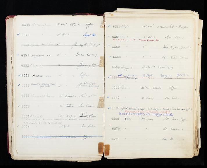 Pages 145 and 146 of London & North Eastern Railway clock record ledger no. 2 covering clock nos. 6548 to 6571, c 1923 - c 1948