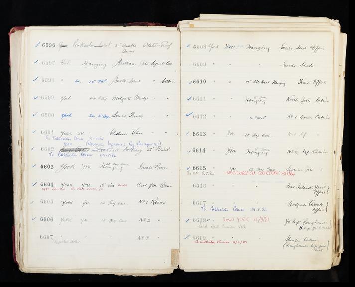 Pages 149 and 150 of London & North Eastern Railway clock record ledger no. 2 covering clock nos. 6596 to 6619, c 1923 - c 1948