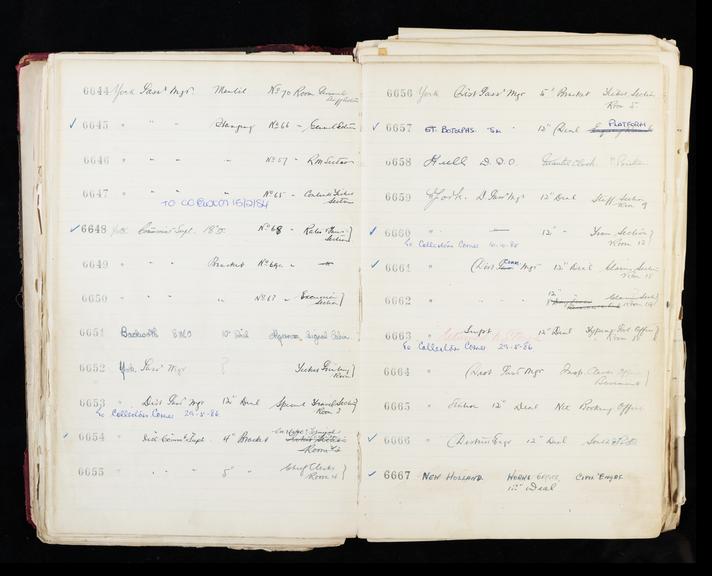 Pages 153 and 154 of London & North Eastern Railway clock record ledger no. 2 covering clock nos. 6644 to 6667, c 1923 - c 1948