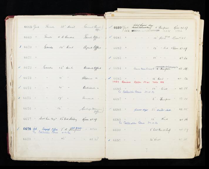 Pages 155 and 156 of London & North Eastern Railway clock record ledger no. 2 covering clock nos. 6668 to 6691, c 1923 - c 1948