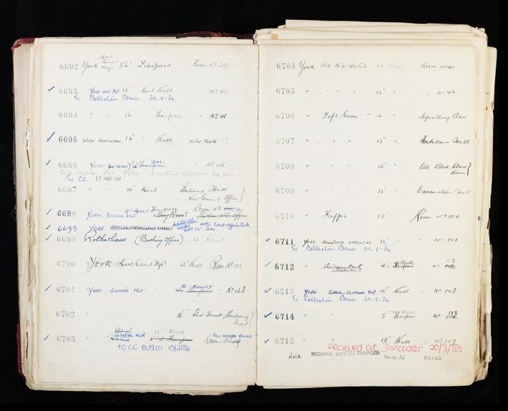 Pages 157 and 158 of London & North Eastern Railway clock record ledger no. 2 covering clock nos. 6692 to 6715, c 1923 - c 1948