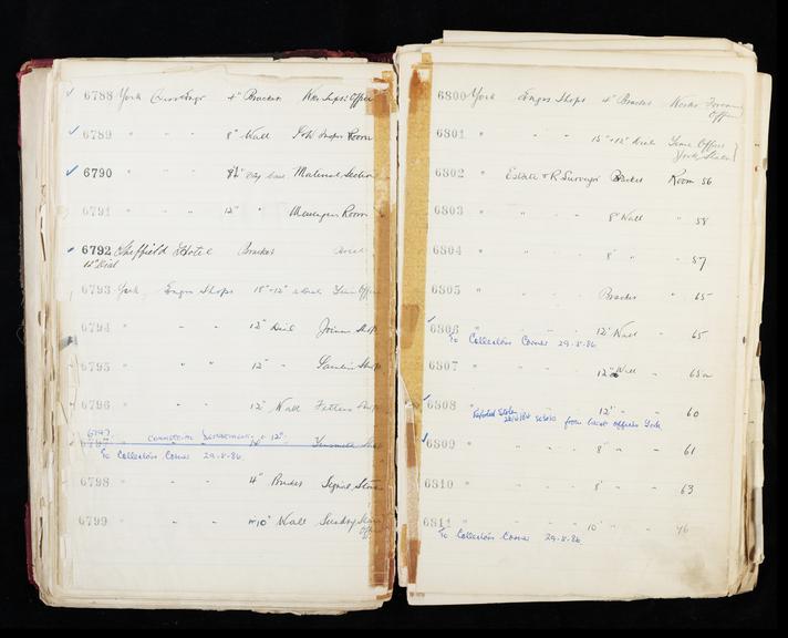 Pages 165 and 166 of London & North Eastern Railway clock record ledger no. 2 covering clock nos. 6788 to 6811, c 1923 - c 1948