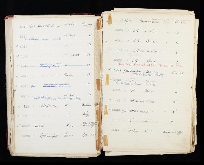 Pages 167 and 168 of London & North Eastern Railway clock record ledger no. 2 covering clock nos. 6812 to 6835, c 1923 - c 1948