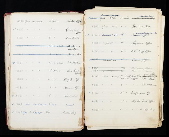 Pages 169 and 170 of London & North Eastern Railway clock record ledger no. 2 covering clock nos. 6836 to 6859, c 1923 - c 1948