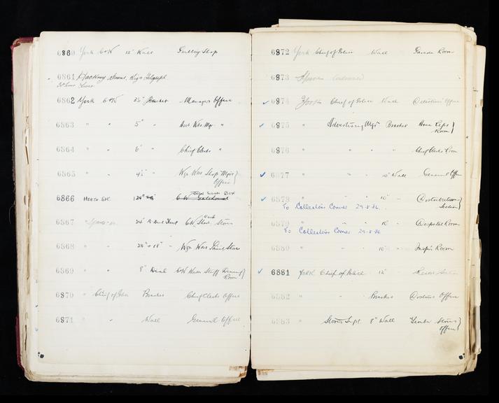 Pages 171 and 172 of London & North Eastern Railway clock record ledger no. 2 covering clock nos. 6860 to 6883, c 1923 - c 1948