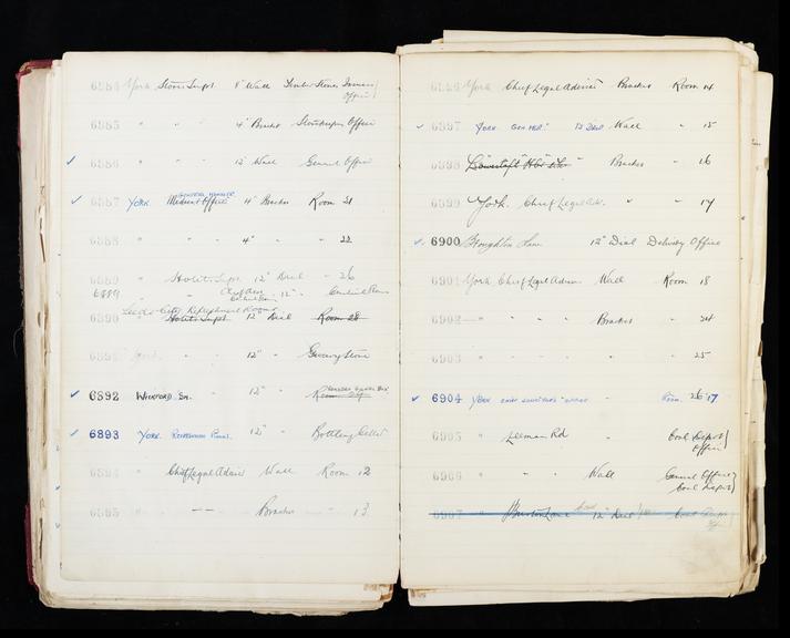 Pages 173 and 174 of London & North Eastern Railway clock record ledger no. 2 covering clock nos. 6884 to 6907, c 1923 - c 1948