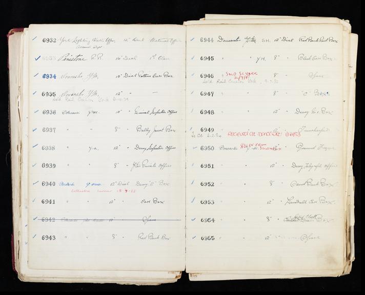 Pages 177 and 178 of London & North Eastern Railway clock record ledger no. 2 covering clock nos. 6932 to 6955, c 1923 - c 1948