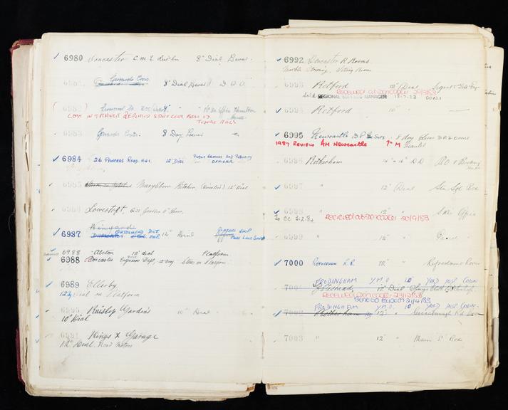 Pages 181 and 182 of London & North Eastern Railway clock record ledger no. 2 covering clock nos. 6980 to 7003, c 1923 - c 1948