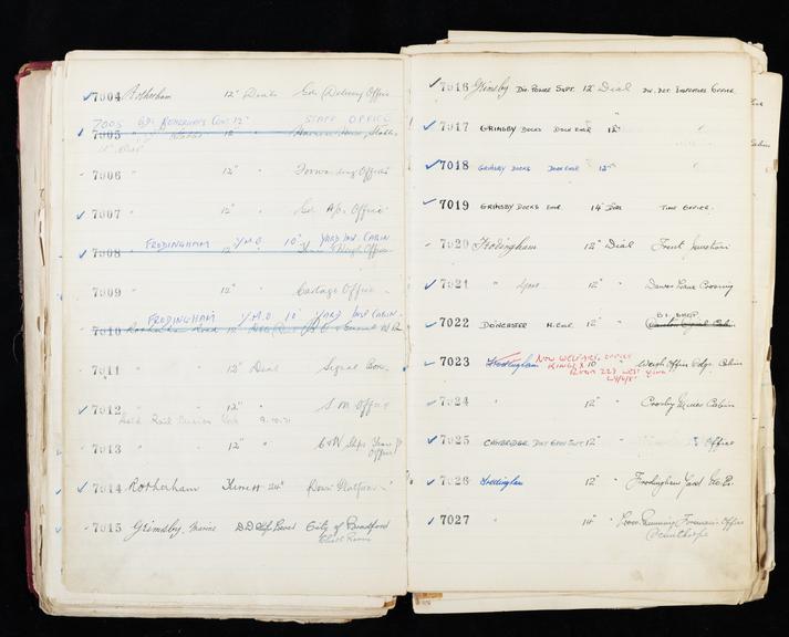 Pages 183 and 184 of London & North Eastern Railway clock record ledger no. 2 covering clock nos. 7004 to 7027, c 1923 - c 1948